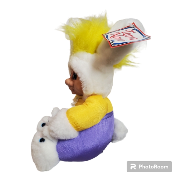 Vintage 1992 Easter BUNNY TROLL plush doll, 90s yellow hair troll with Bunny ear - Picture 5 of 9